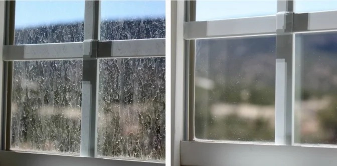Before and after window cleaning showing hard water stain removal from glass in Canton GA