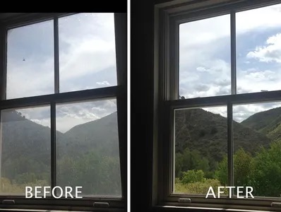 Exterior window and siding before and after cleaning in Canton GA - green algae and grime removed from window frame and surrounding vinyl siding