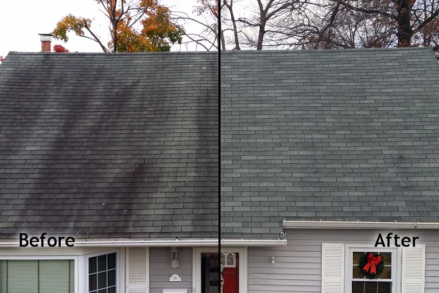 Brick home with algae-darkened shingle roof before and after professional soft wash roof cleaning in Canton Georgia