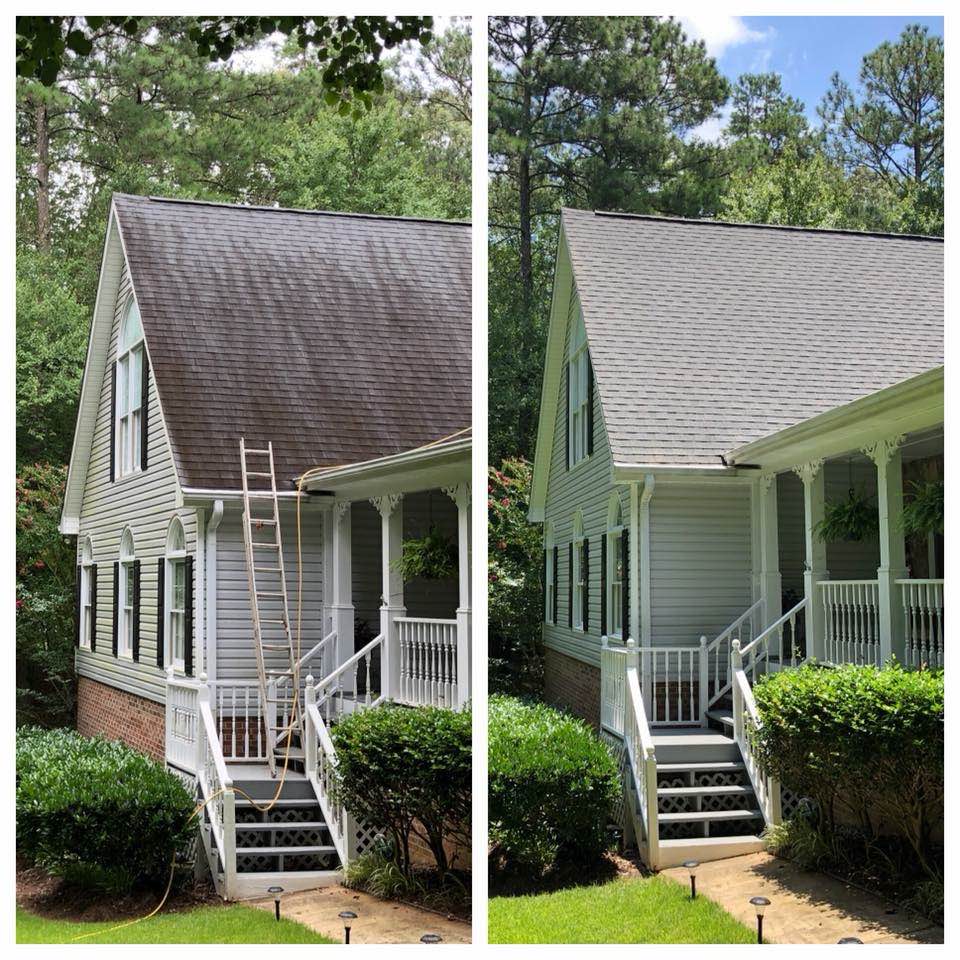 Before and after roof cleaning showing black algae streaks removed from asphalt shingle dormer in Canton GA