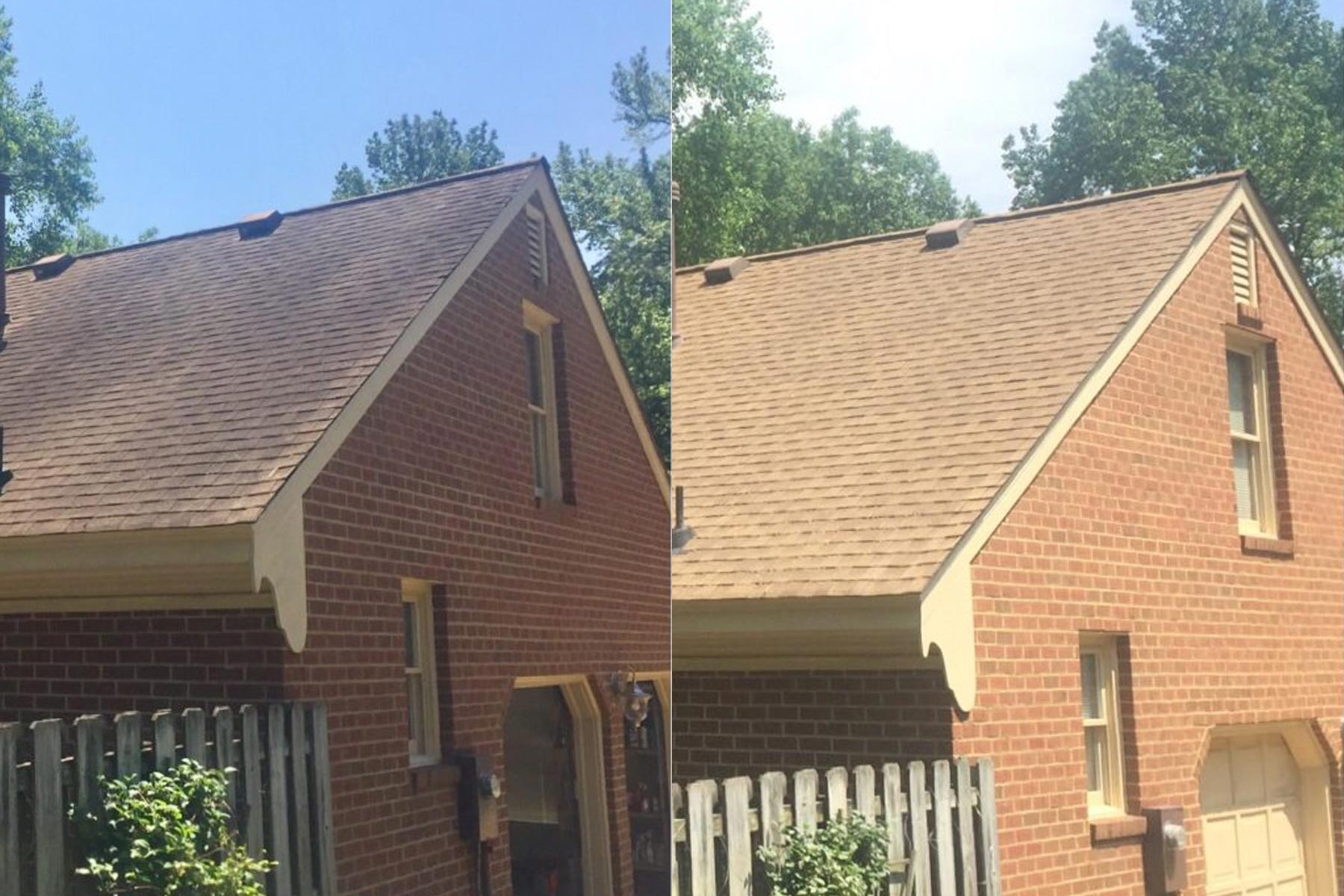 Brick home with heavily stained roof before and after soft wash cleaning showing complete algae removal