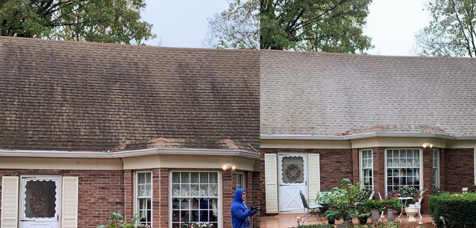 Asphalt shingle roof before and after soft wash showing orange rust stains and dark algae removed in Canton GA
