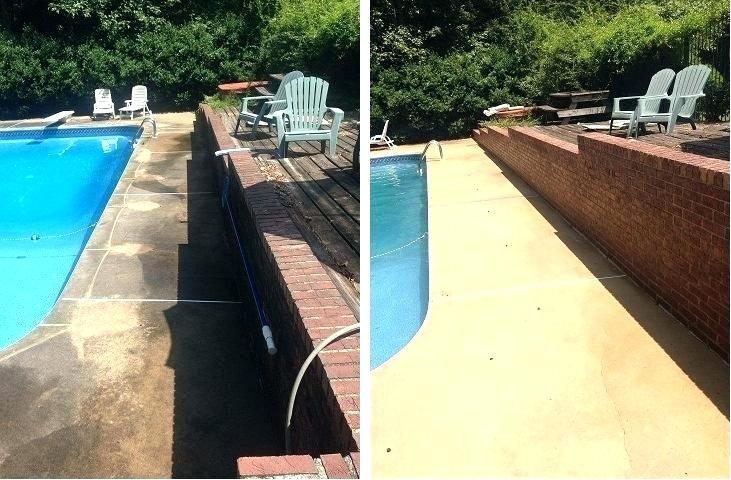 Pool deck cleaning results showing clean concrete next to uncleaned section