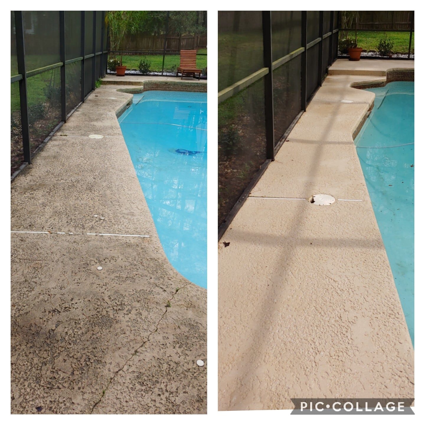 Pool area cleaning showing coping and deck surface restored to original color