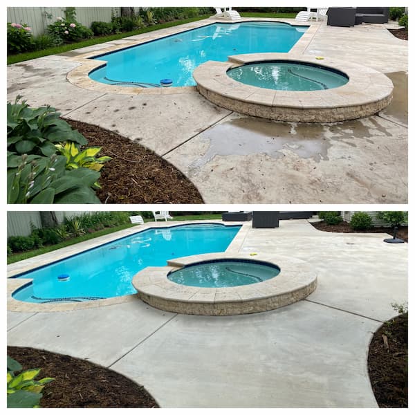Pool deck concrete before and after pressure washing showing green algae removed
