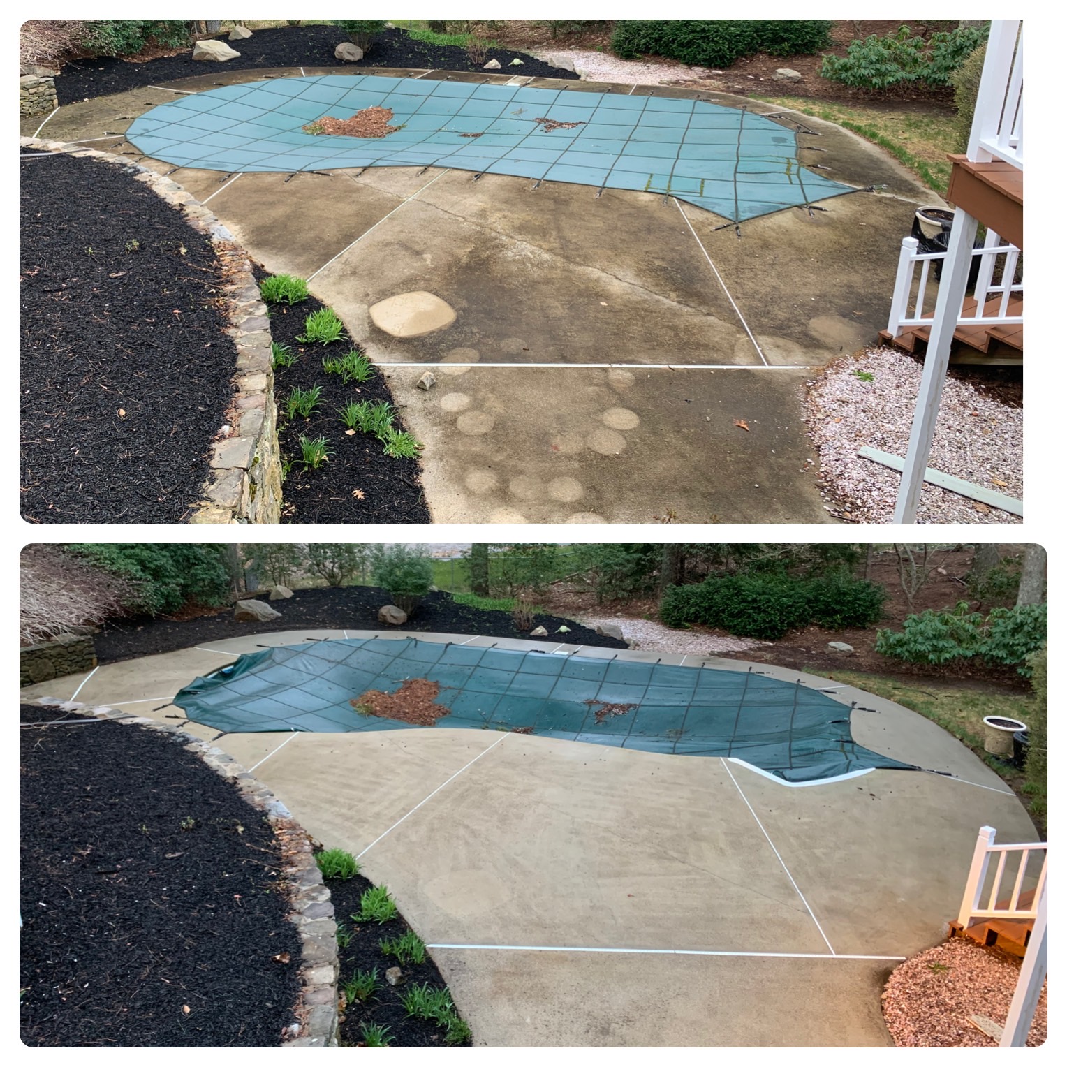 Pool deck and surrounding area professionally cleaned showing dramatic before and after results in Canton GA