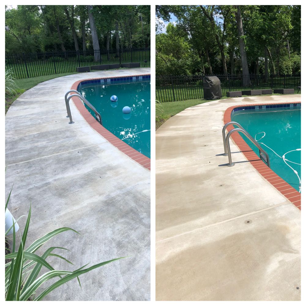 Complete pool area after professional cleaning showing pristine deck and surrounding hardscape