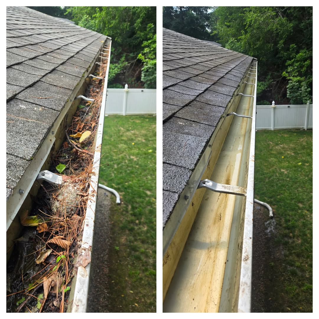 Gutter cleanout showing before and after with debris cleared from residential gutter