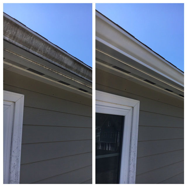 Professional gutter cleaning showing dramatic before and after with branches and pine cones removed from gutter