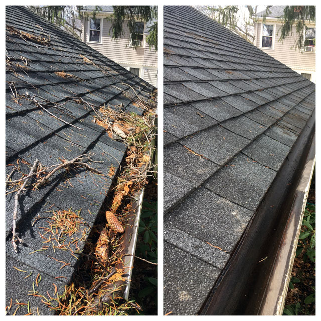 Gutter packed with pine needles and debris before cleaning versus completely clear gutter after professional cleanout in Canton GA
