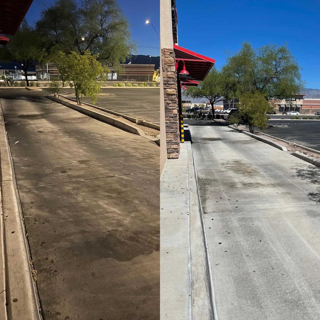Commercial drive-thru sidewalk before and after pressure washing