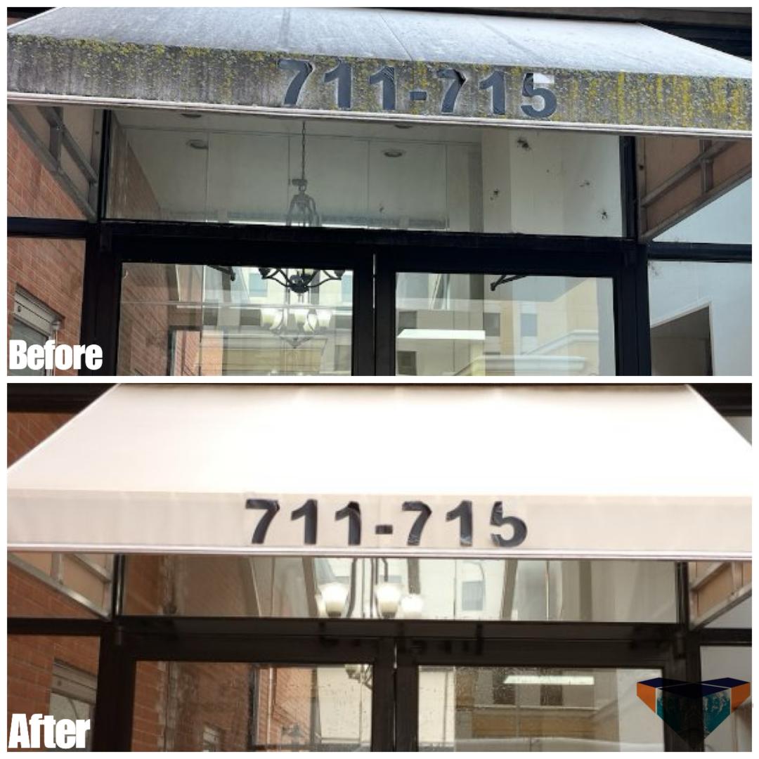 Commercial storefront awning before and after cleaning showing mold and algae removed