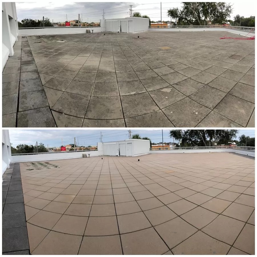 Commercial rooftop surface before and after professional pressure washing showing complete transformation