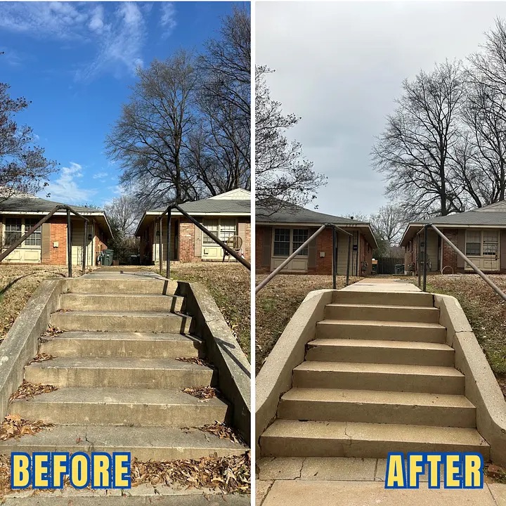 Multi-unit property concrete stairset before and after pressure washing showing complete transformation