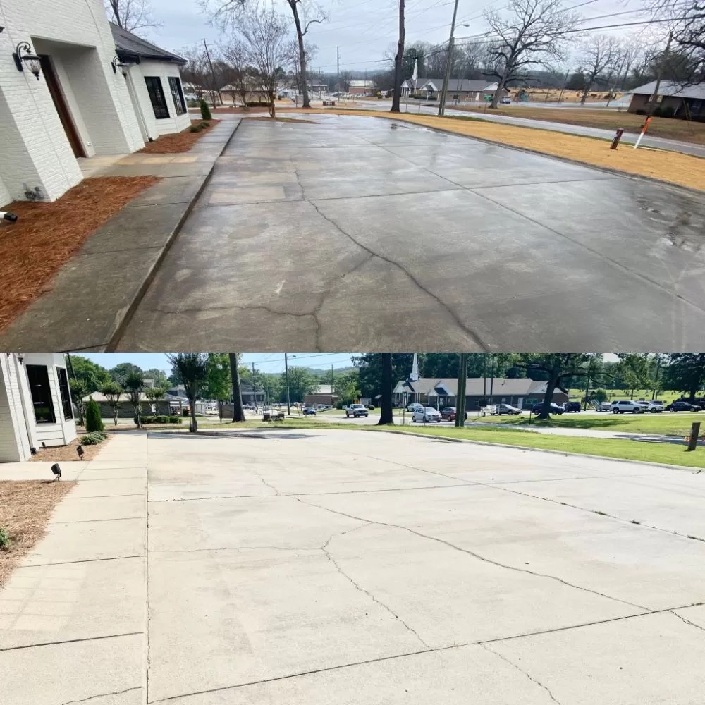 Large commercial parking lot concrete cleaning before and after