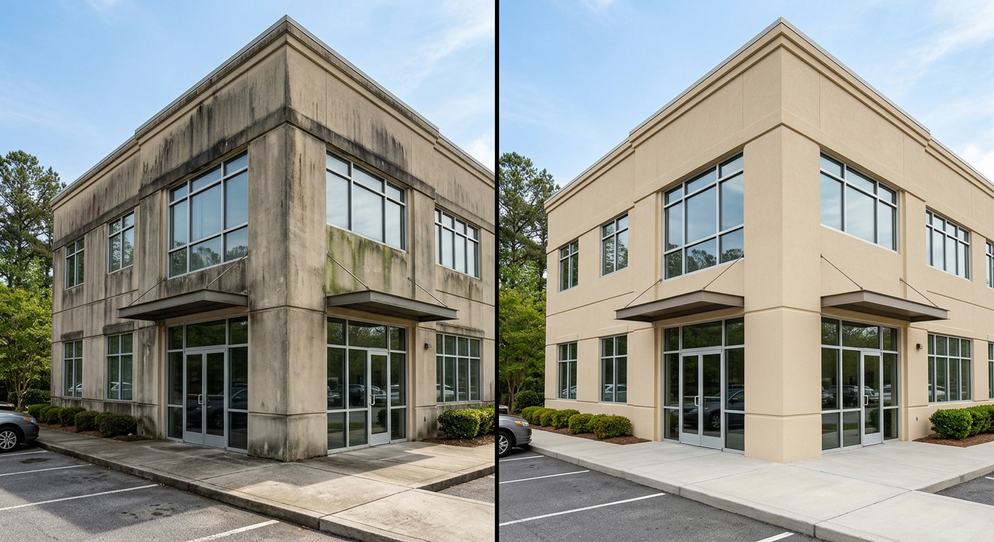 Commercial stucco building exterior with heavy mold and algae staining before and after professional pressure washing in Canton GA