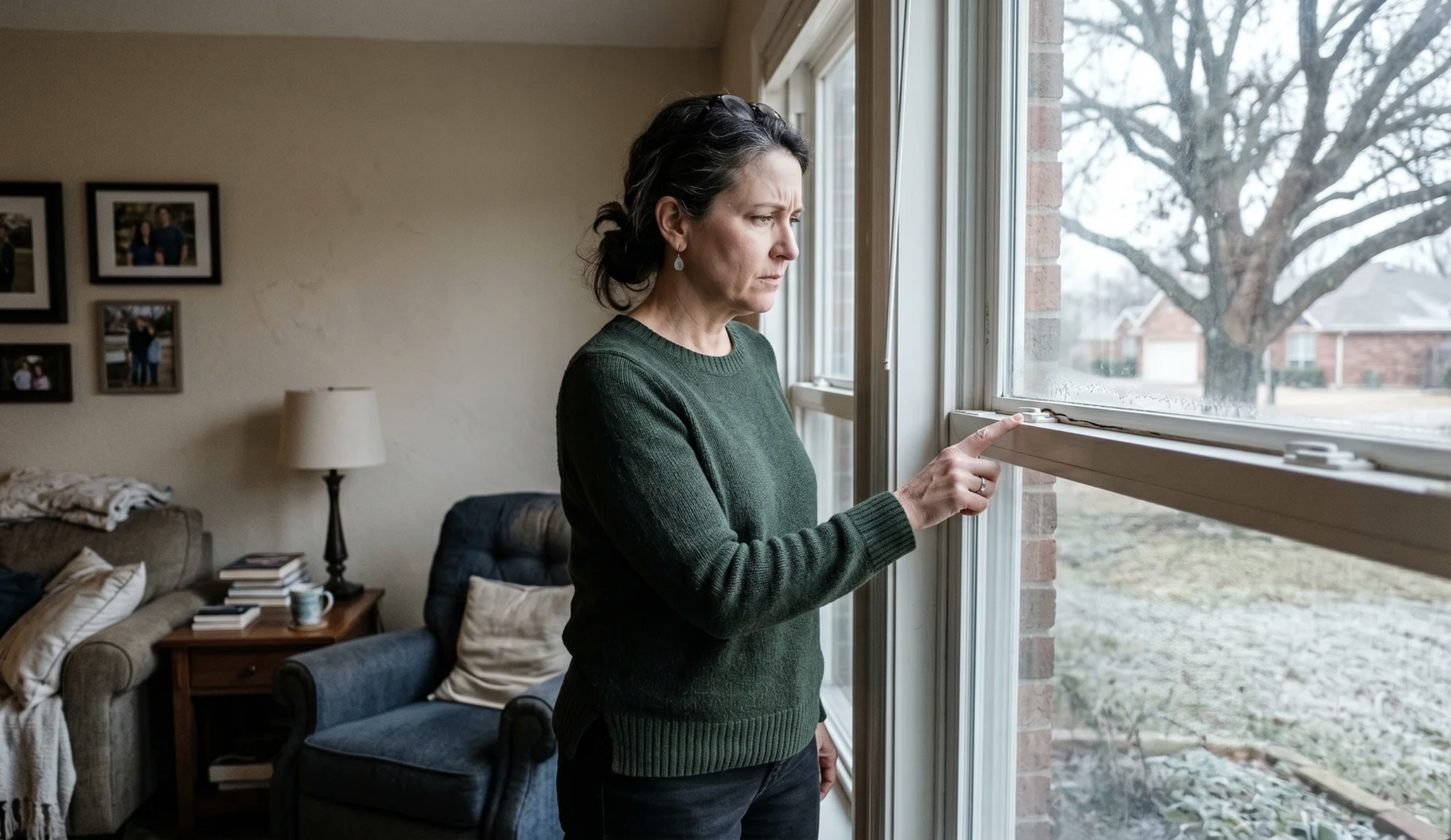 DFW homeowner examining drafty windows