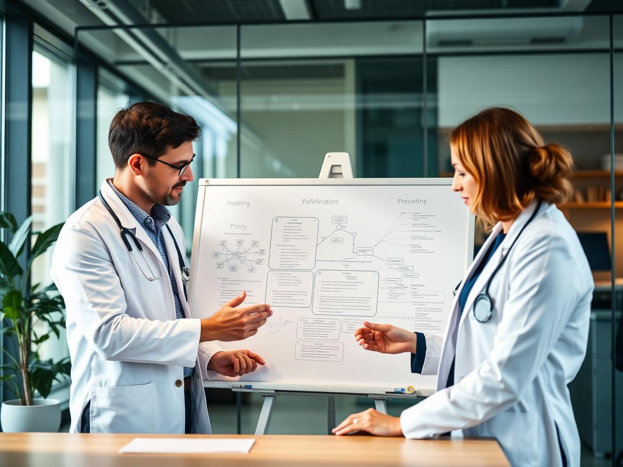 Two healthcare leaders mapping an executive matching strategy on a whiteboard
