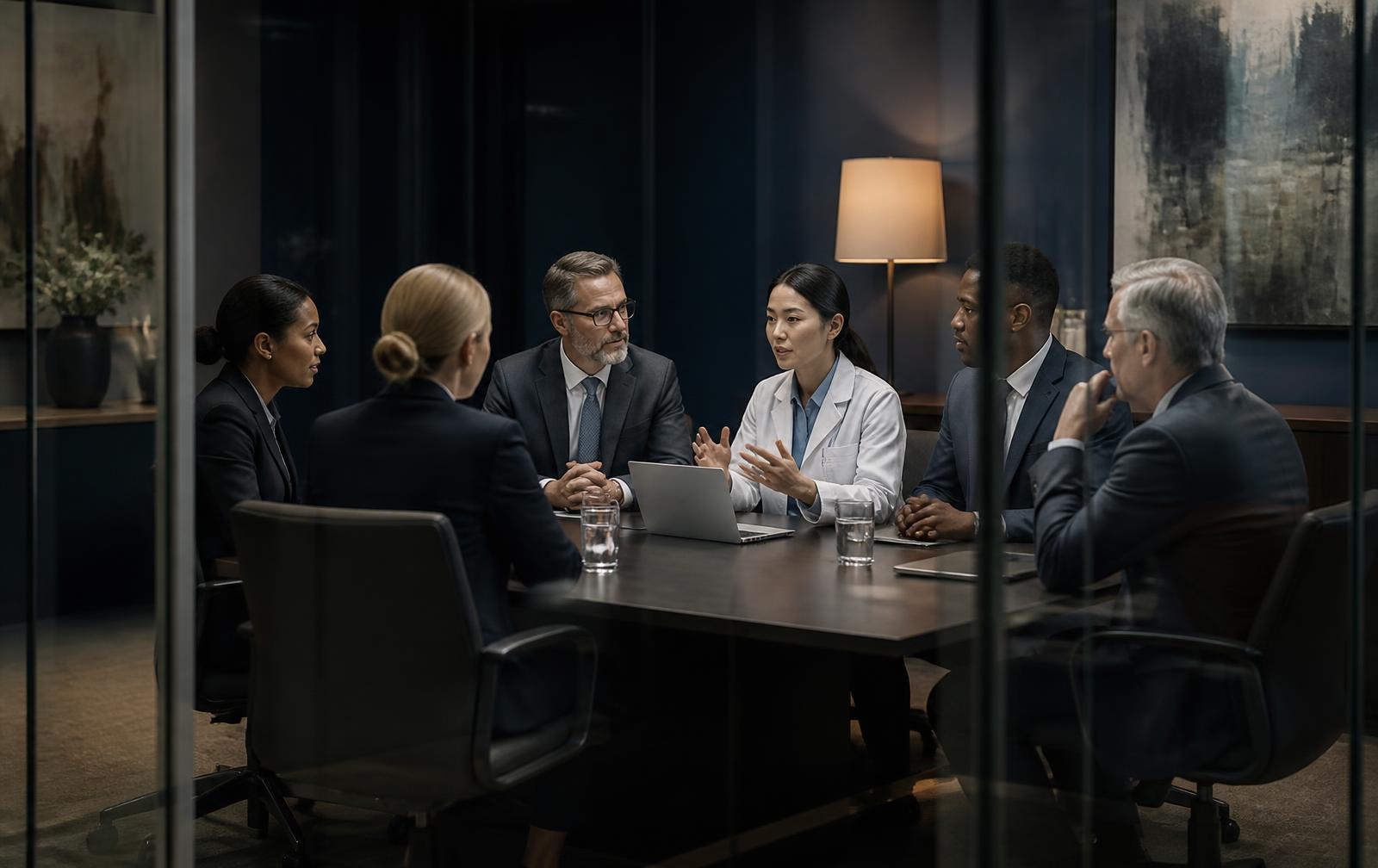 Healthcare executives and a clinician meeting in a boardroom