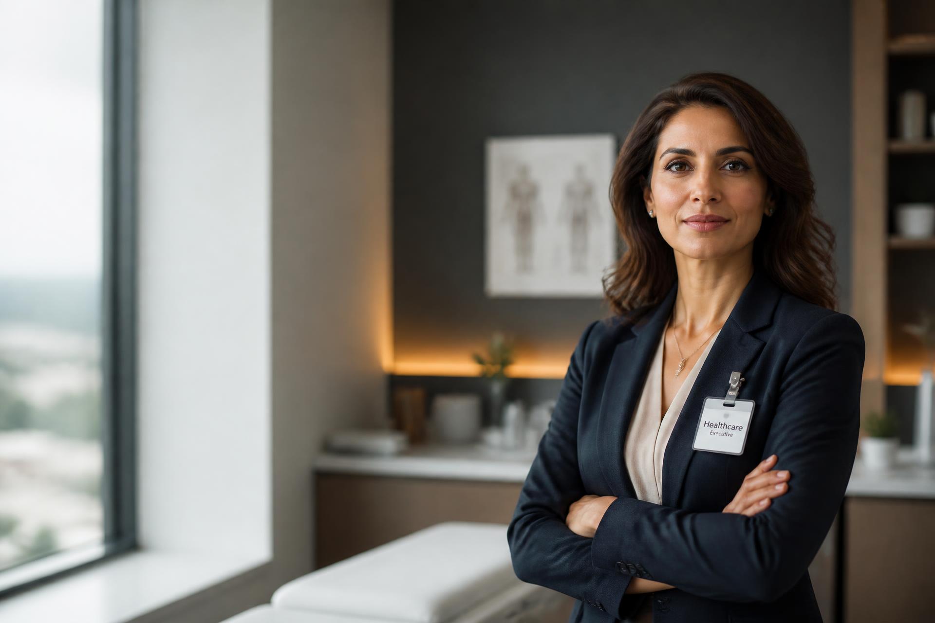 Healthcare marketing executive standing in a modern clinical office