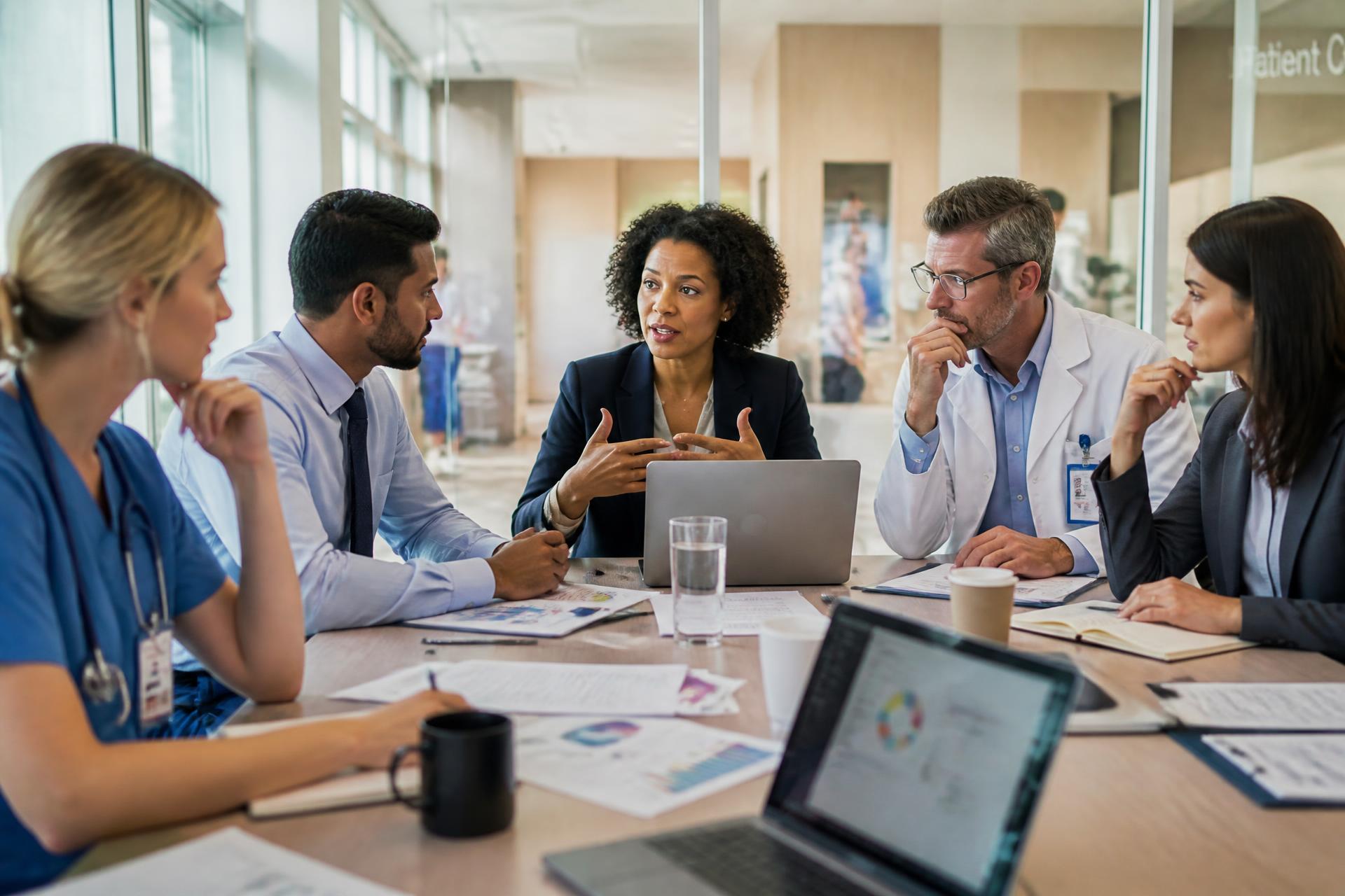 Healthcare operations leader collaborating with executive team