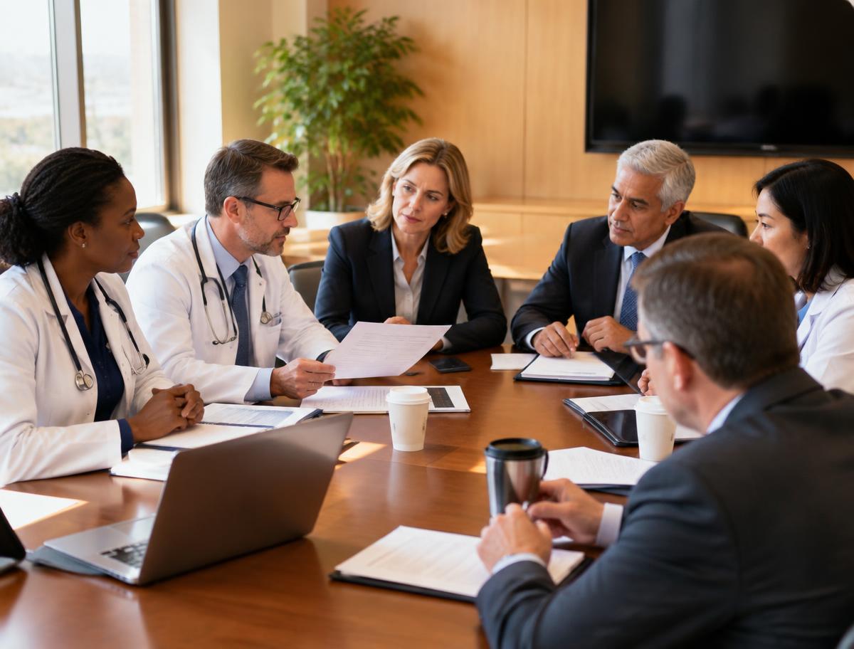 Hospital buying committee of clinical leaders and executives reviewing a proposal around a conference table