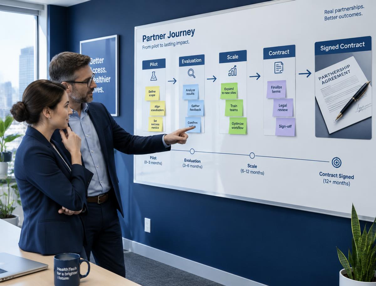Healthcare founder and advisor following a journey map on a wall that leads from an early pilot through evaluation and scale to a signed contract