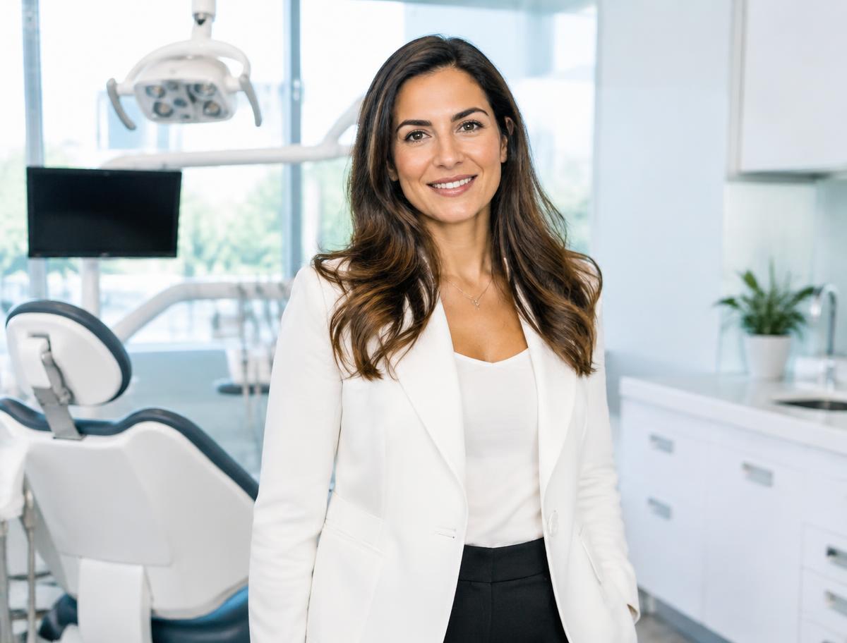 Confident founder and CEO of a dental company standing in her modern clinic