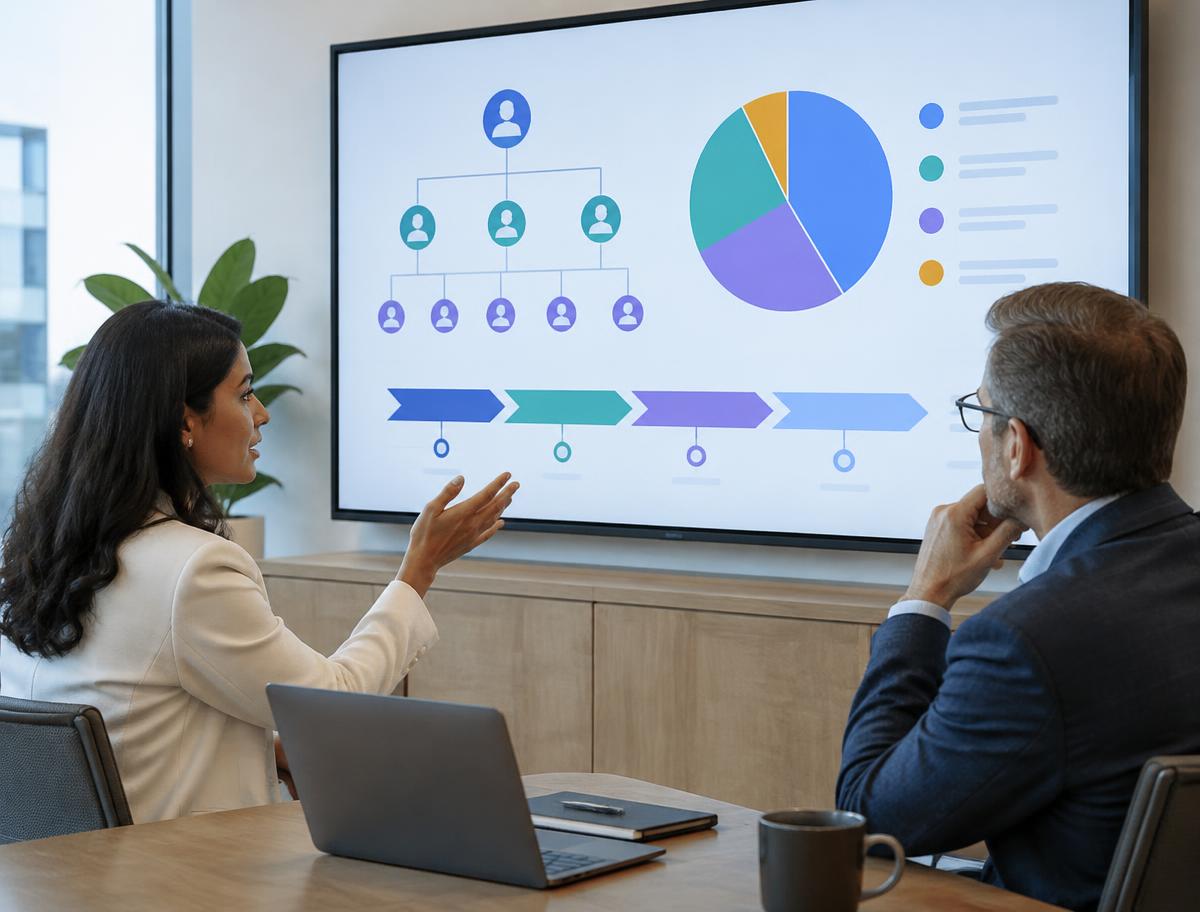 A healthcare founder and an advisor reviewing a go-to-market plan, with a team chart and use-of-funds breakdown on a large screen