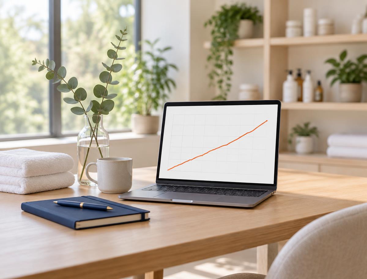 An open laptop in a bright wellness clinic showing a revenue line climbing upward, on a wooden table beside folded towels, a eucalyptus sprig and a closed notebook
