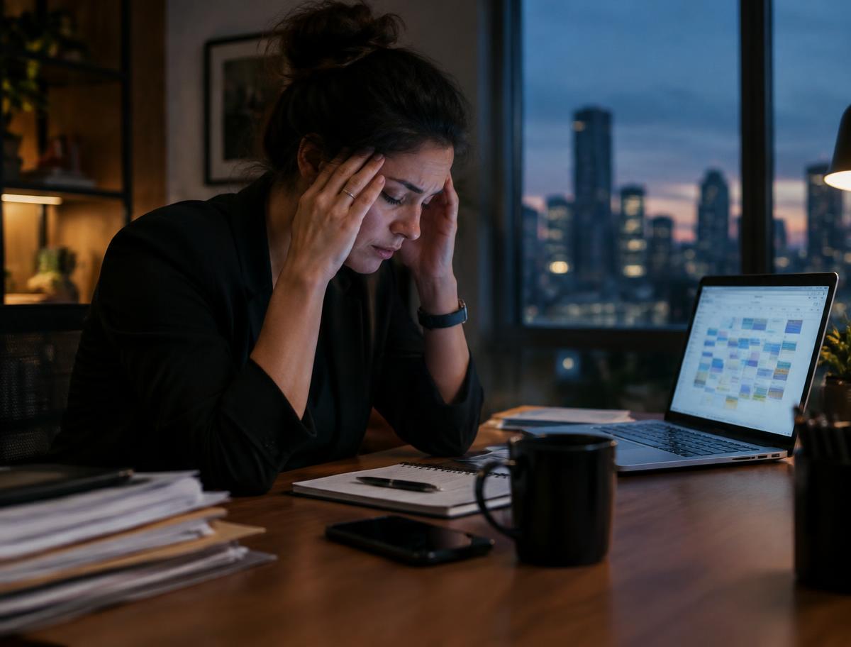 An exhausted healthcare founder holding her head at a desk after another investor meeting, laptop open to a calendar packed with pitch meetings