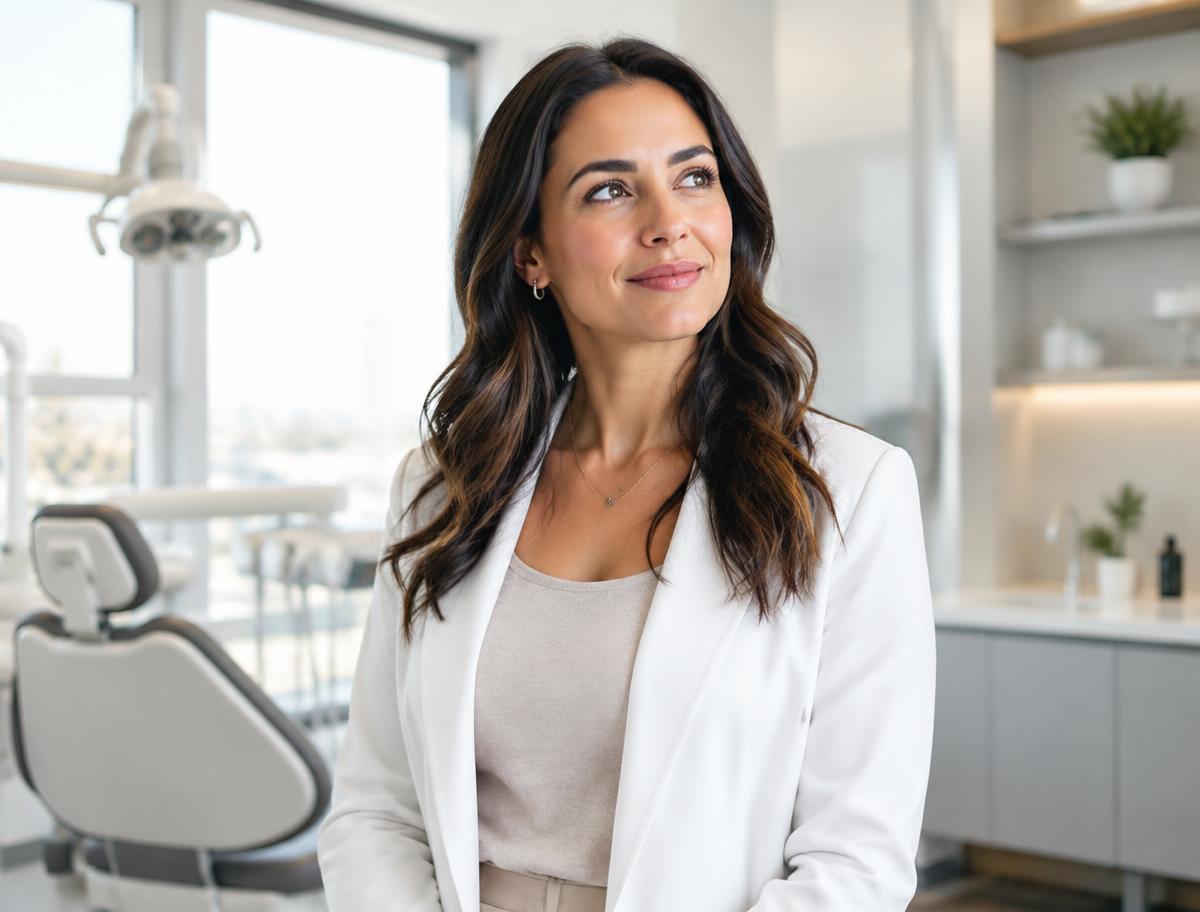 Confident founder and CEO of a dental clinic standing in her office, weighing a big business decision