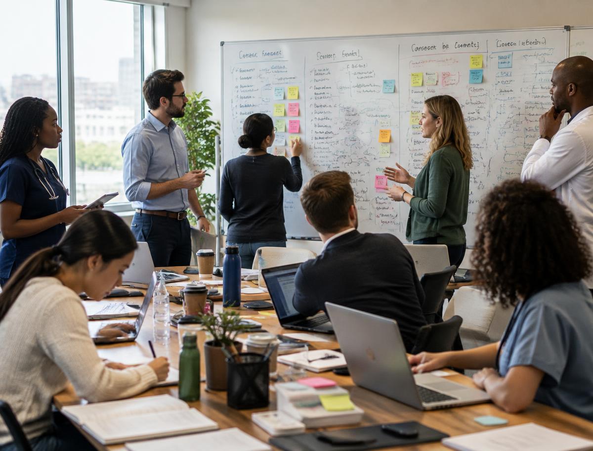 Healthcare company team in a crowded planning meeting around a whiteboard packed with campaigns, hires and events