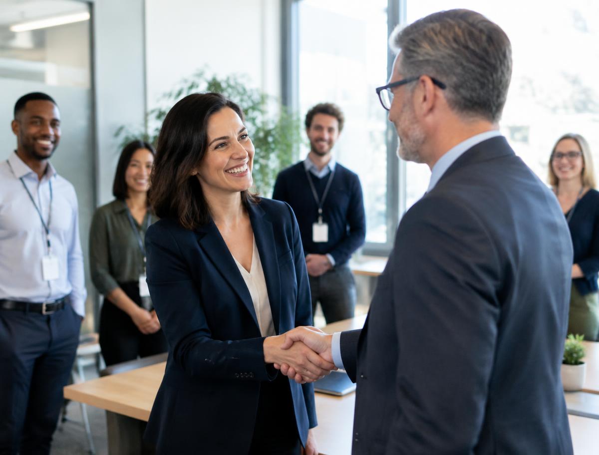 A healthcare founder shaking hands with a newly hired senior executive in a modern office while the existing team looks on