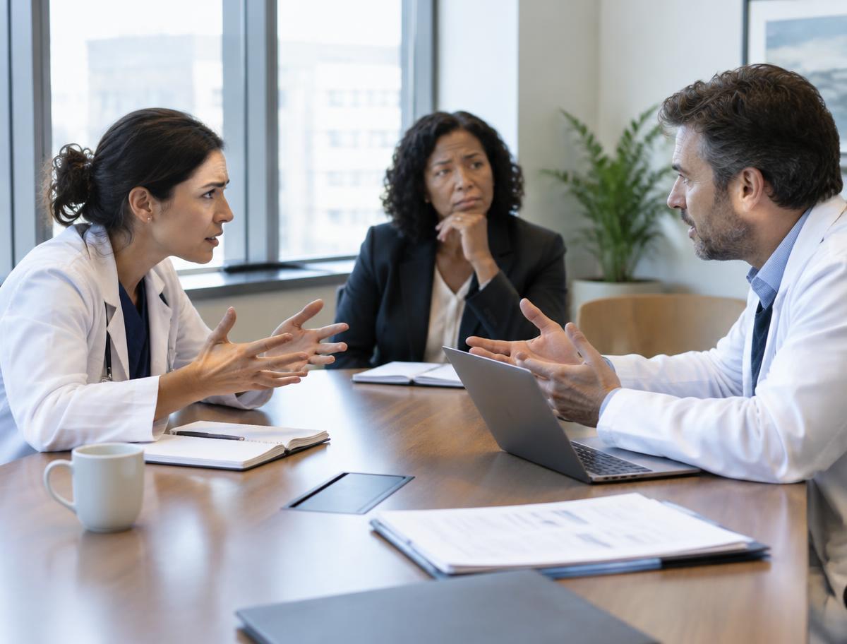 Two healthcare co-founders in a tense but respectful disagreement at a meeting table while a third leader looks on