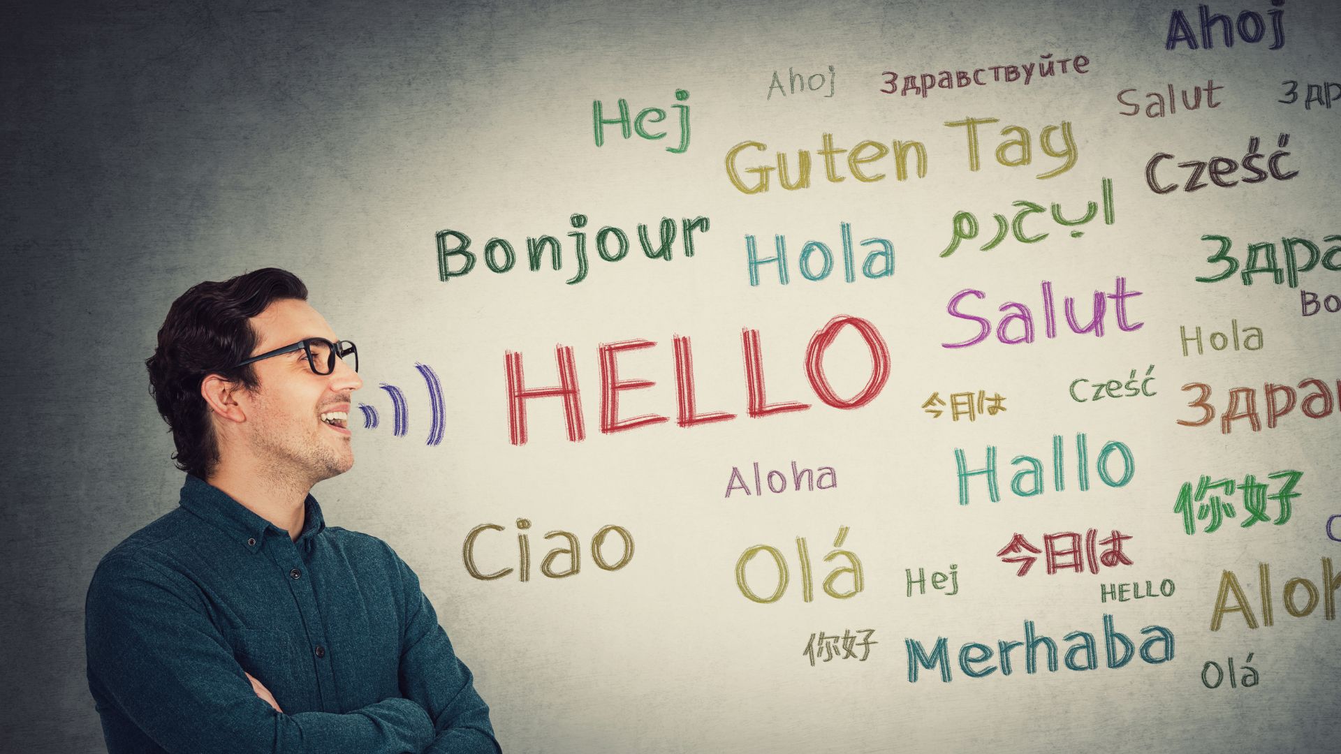 Language learning image with multilingual greetings