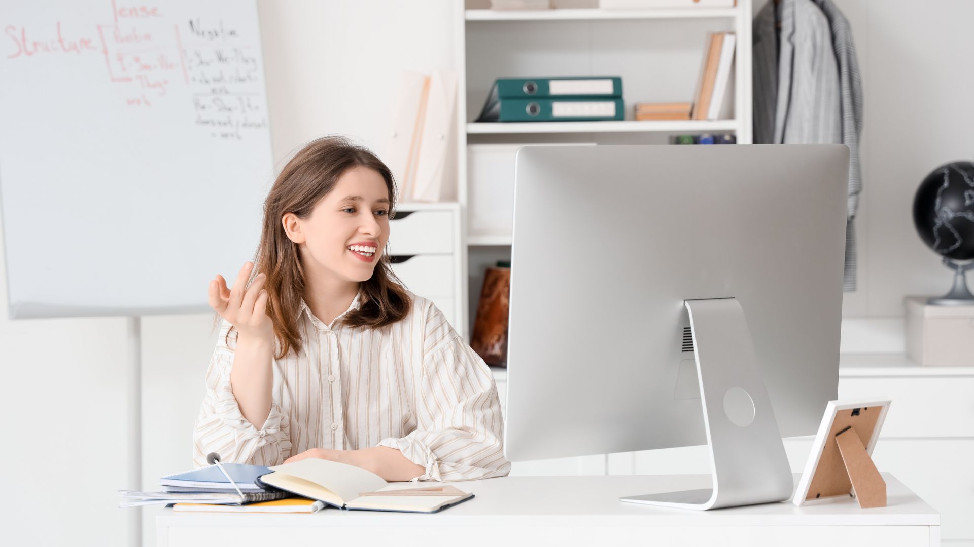 Adult learner studying English online at home