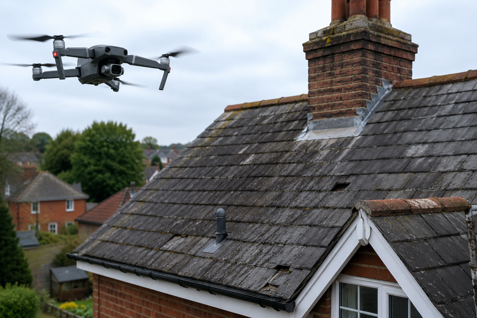 Drone in flight for a roof inspection
