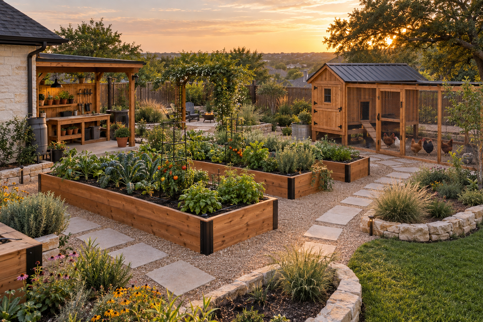 Complete backyard homestead with gardens, coop, pathways, and work area
