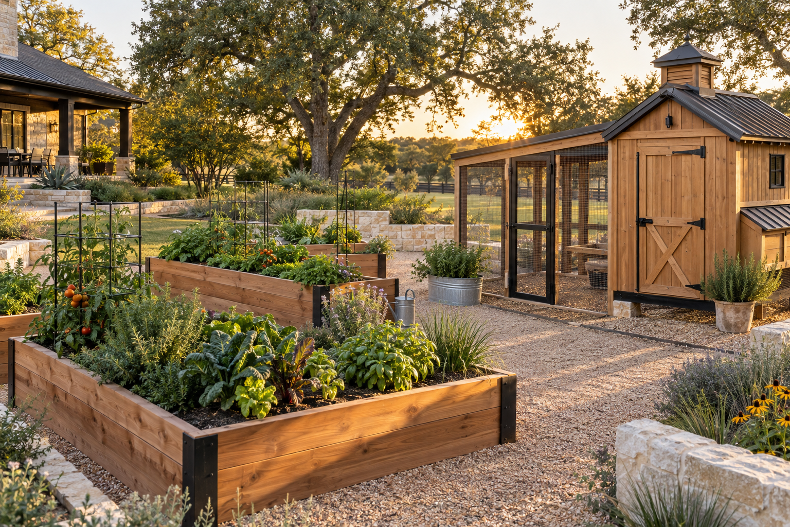Elegant backyard kitchen garden and custom chicken coop at golden hour
