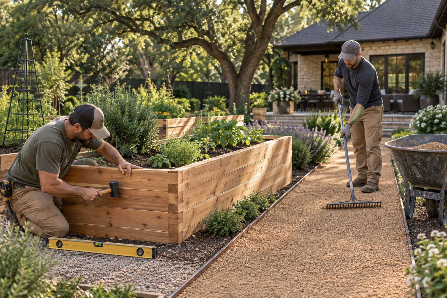 Craftspeople installing a custom cedar kitchen garden