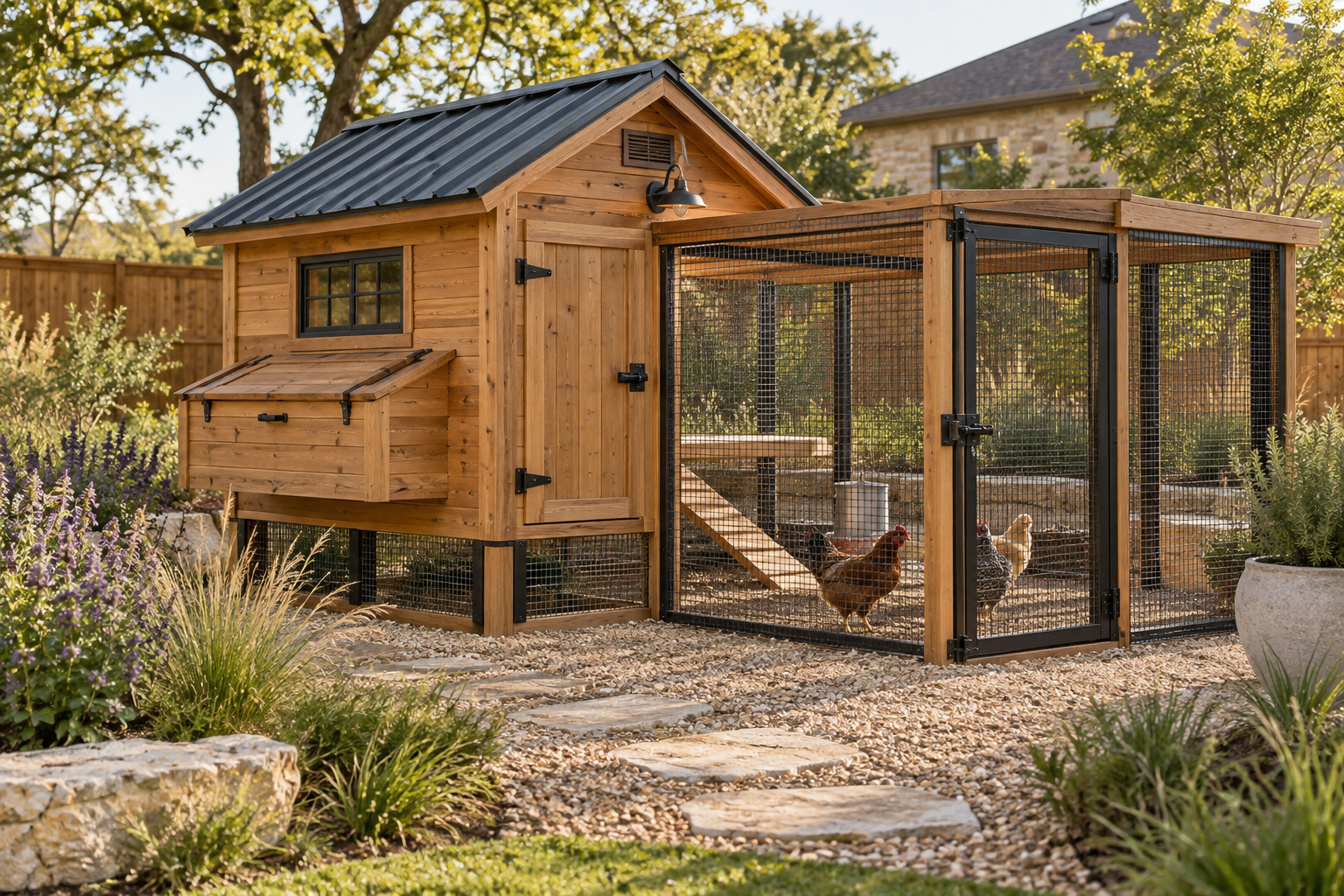 Luxury cedar chicken coop with black metal details
