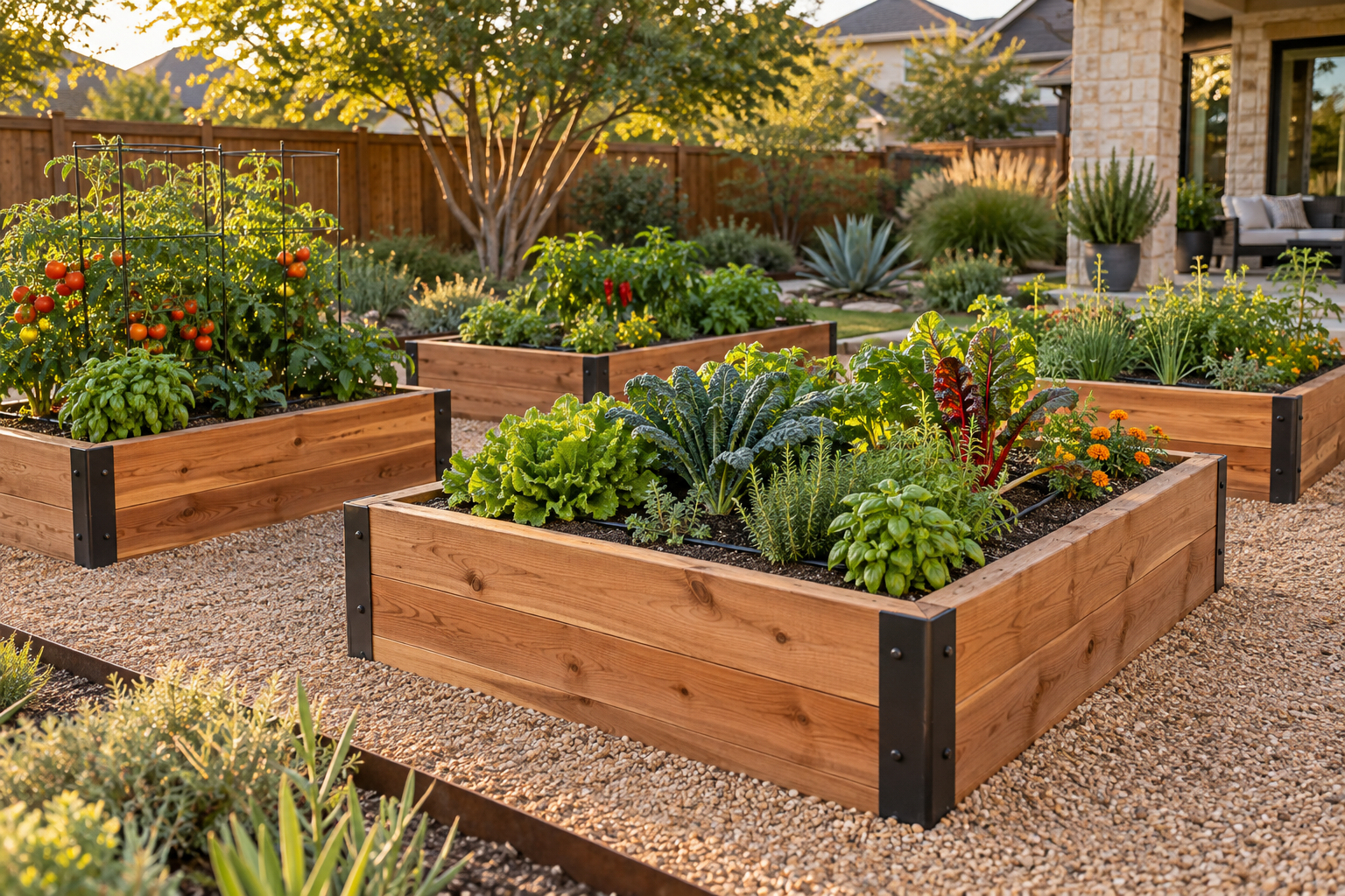 Custom cedar kitchen garden with raised beds and gravel pathways