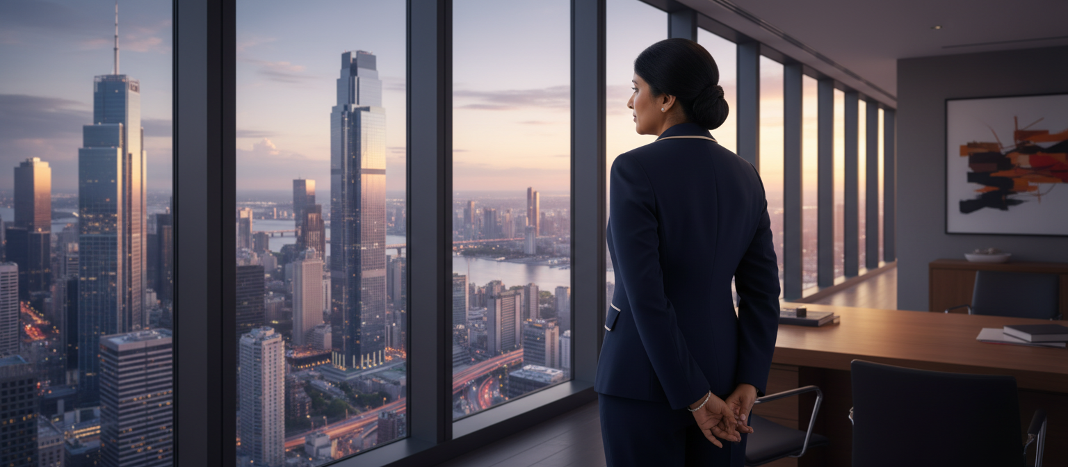 Mili overlooking city skyline — vision and clarity