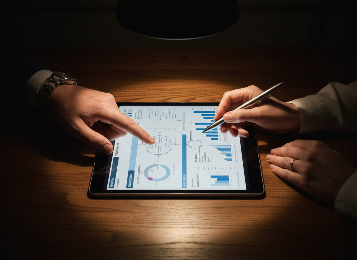 Two people working through marketing strategy together on a tablet