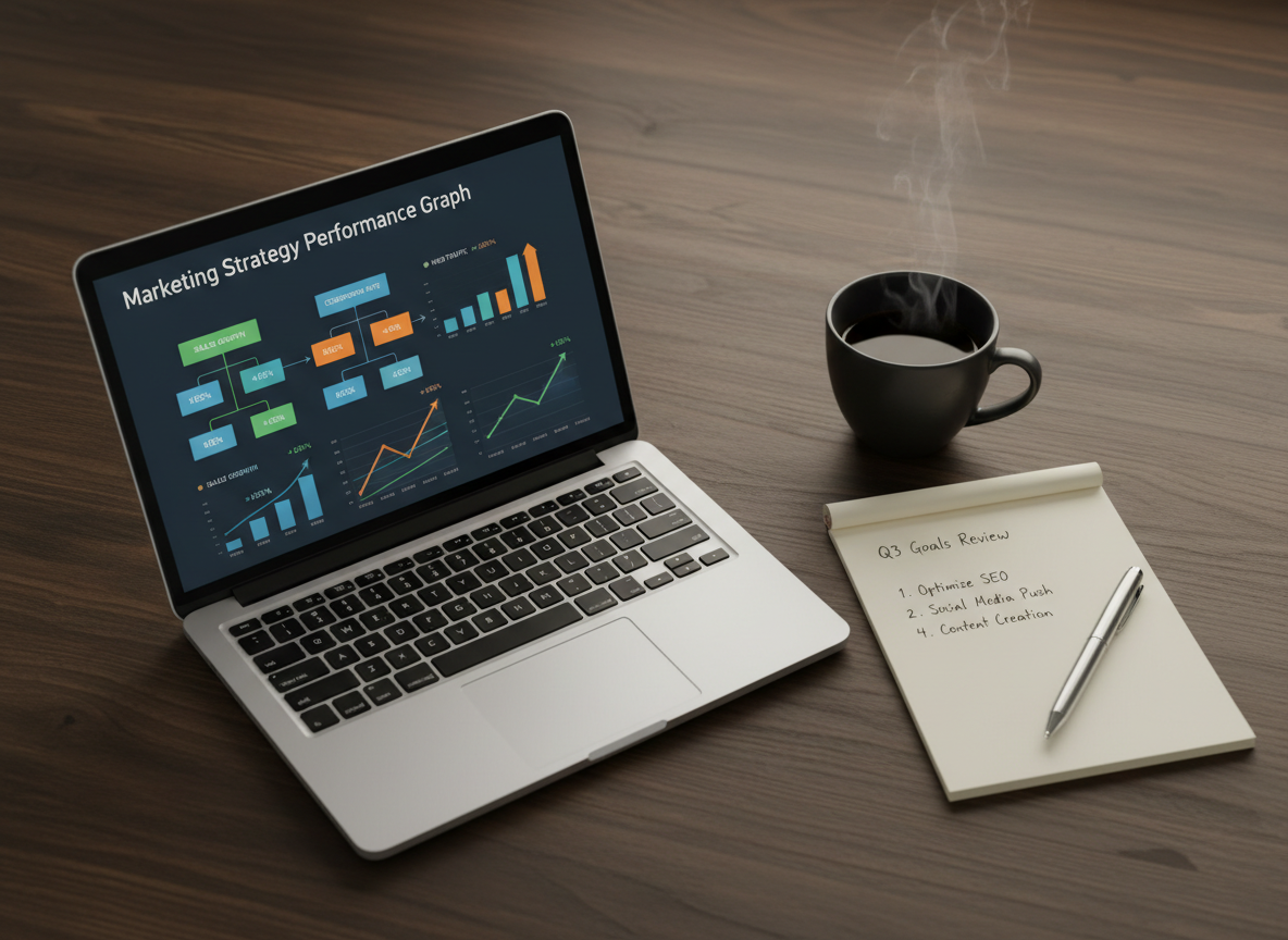 Marketing strategy performance graph on laptop with goals notebook beside it