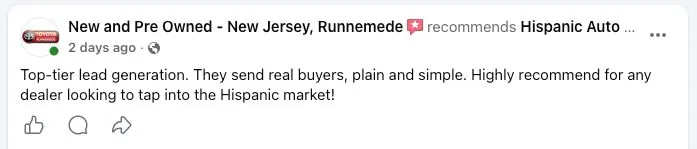 New and Pre Owned, Runnemede, New Jersey recommends Hispanic Auto Leads: “Top-tier lead generation. They send real buyers, plain and simple. Highly recommend for any dealer looking to tap into the Hispanic market!”
