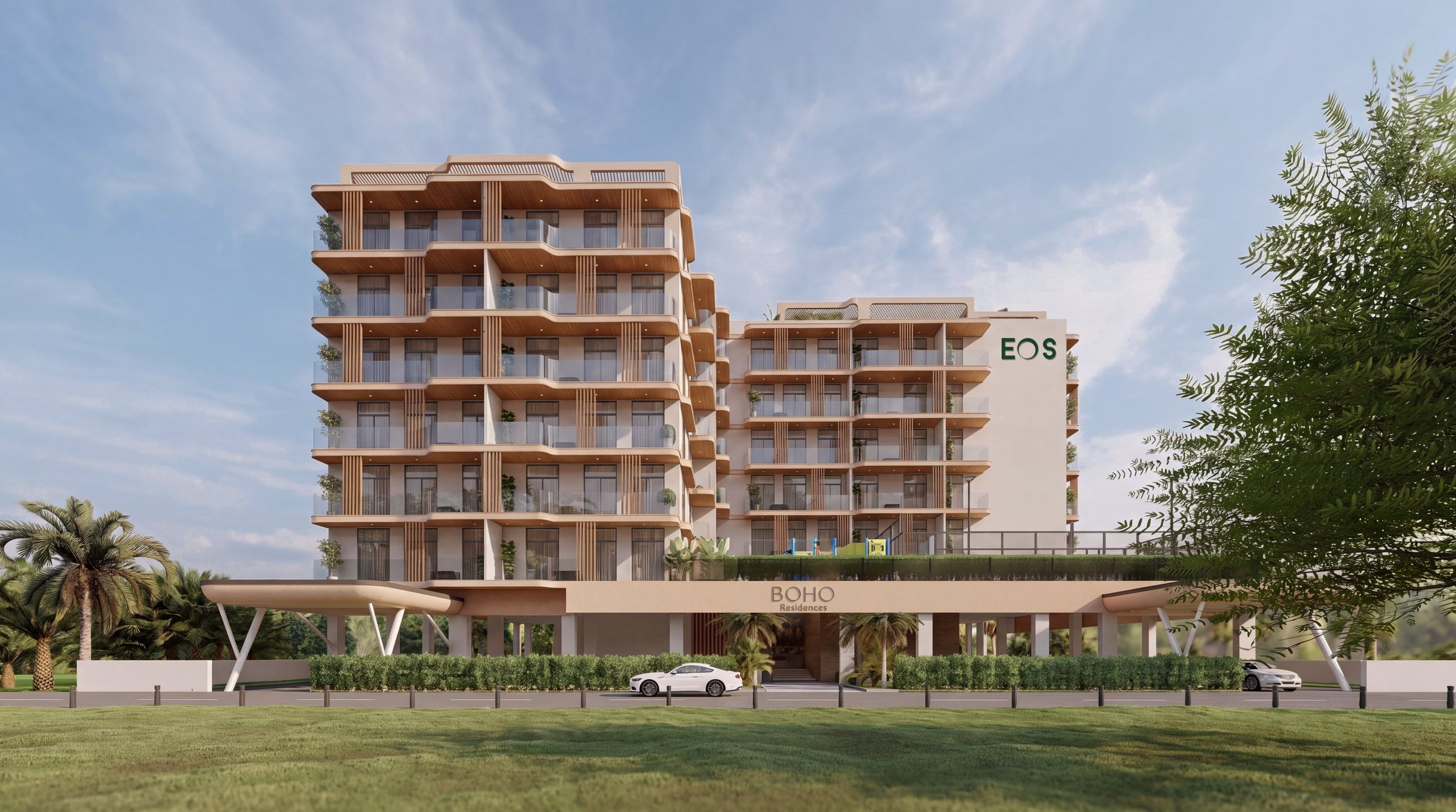 Boho Residences, straight front elevation by day
