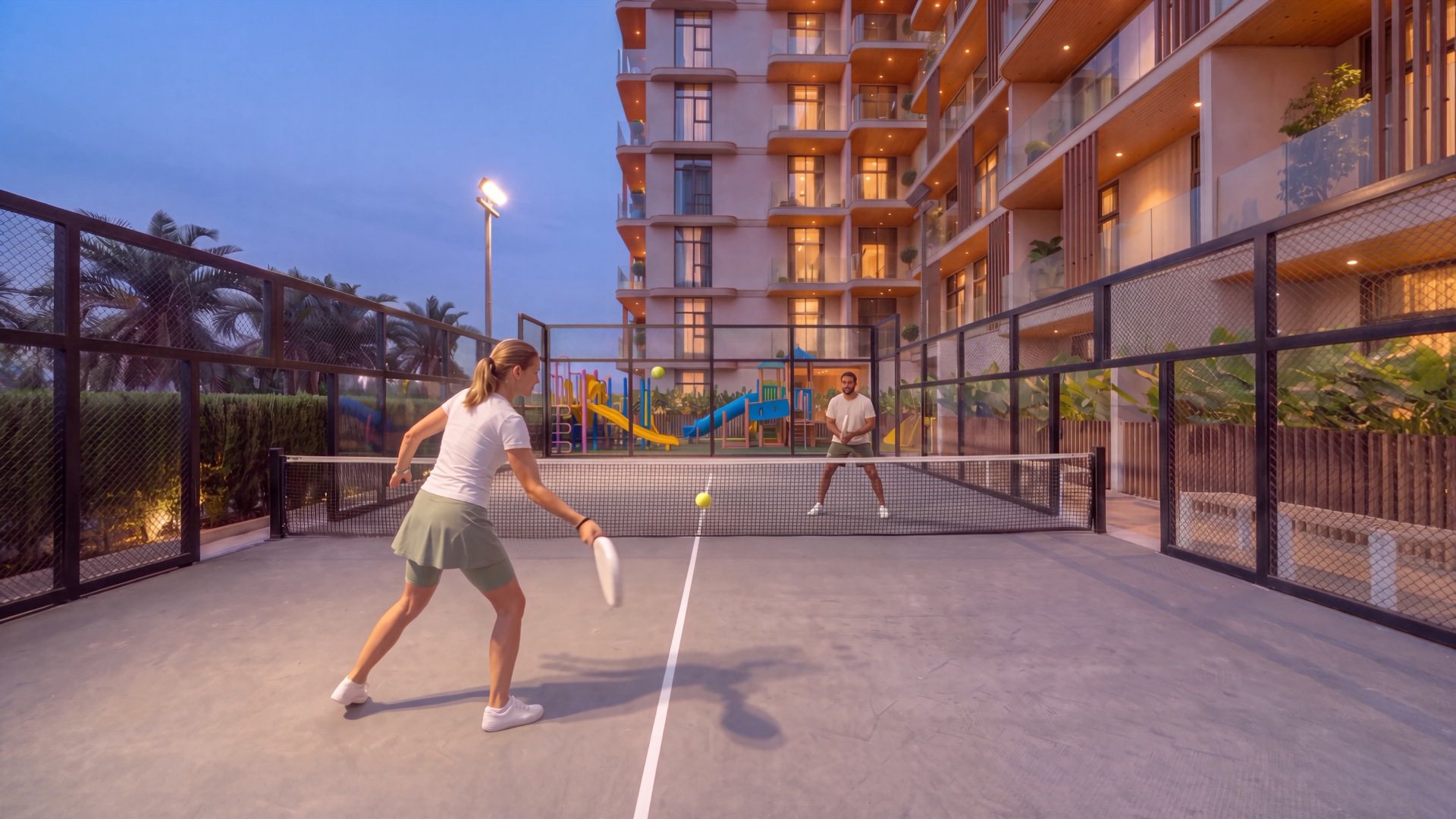 A padel match at dusk