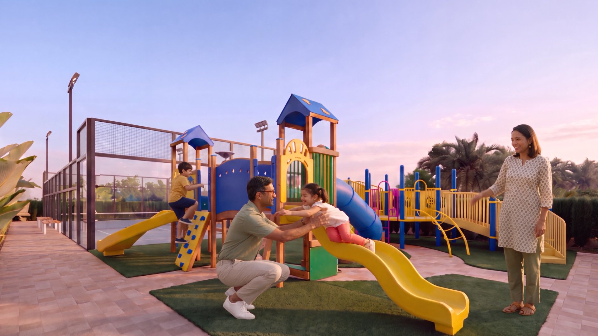 A family at the children's play area at golden hour